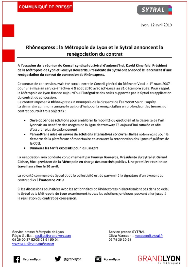 Rhônexpress : la Métropole de Lyon et le Sytral annoncent la renégociation du contrat