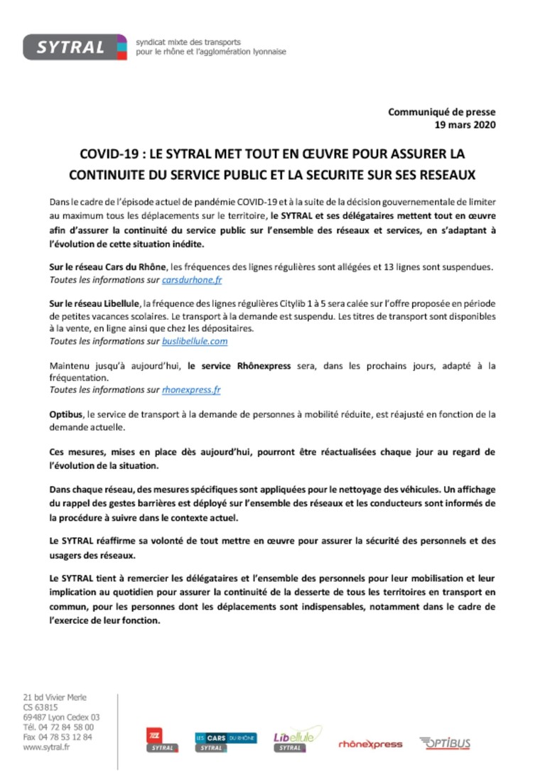 COVID 19 : continuité et adaptation du services sur les réseaux Cars du Rhône, Libellule, services Rhonexpress et Optibus