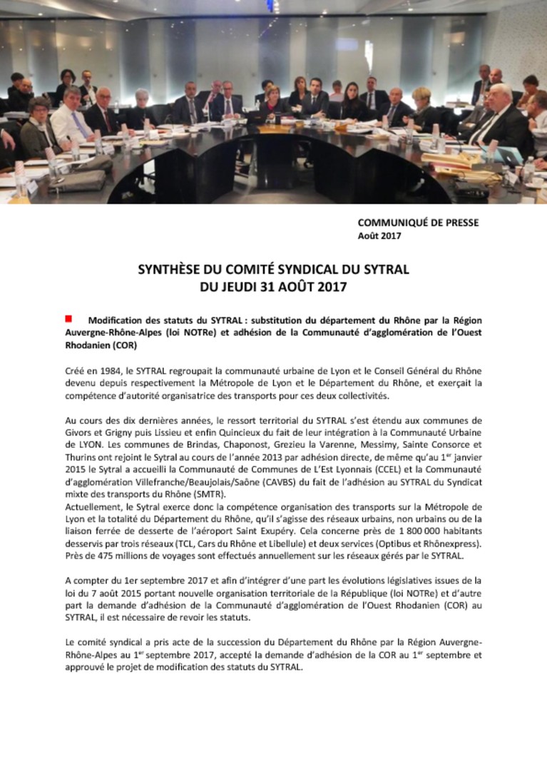 Synthèse du comité syndical du 31/08/2017 