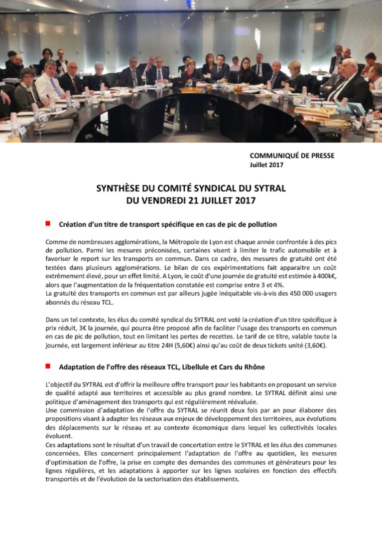 Synthèse du comité syndical du 21/07/2017