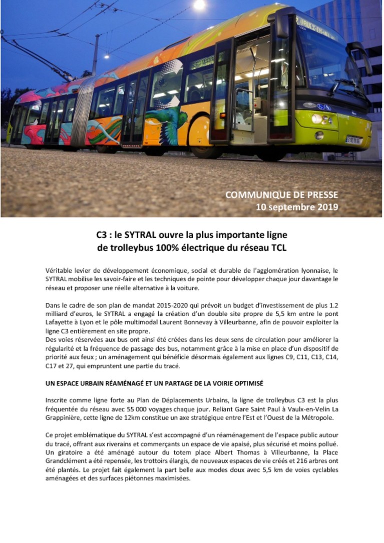 C3 : le SYTRAL ouvre la plus importante ligne de trolleybus 100% électrique du réseau TCL