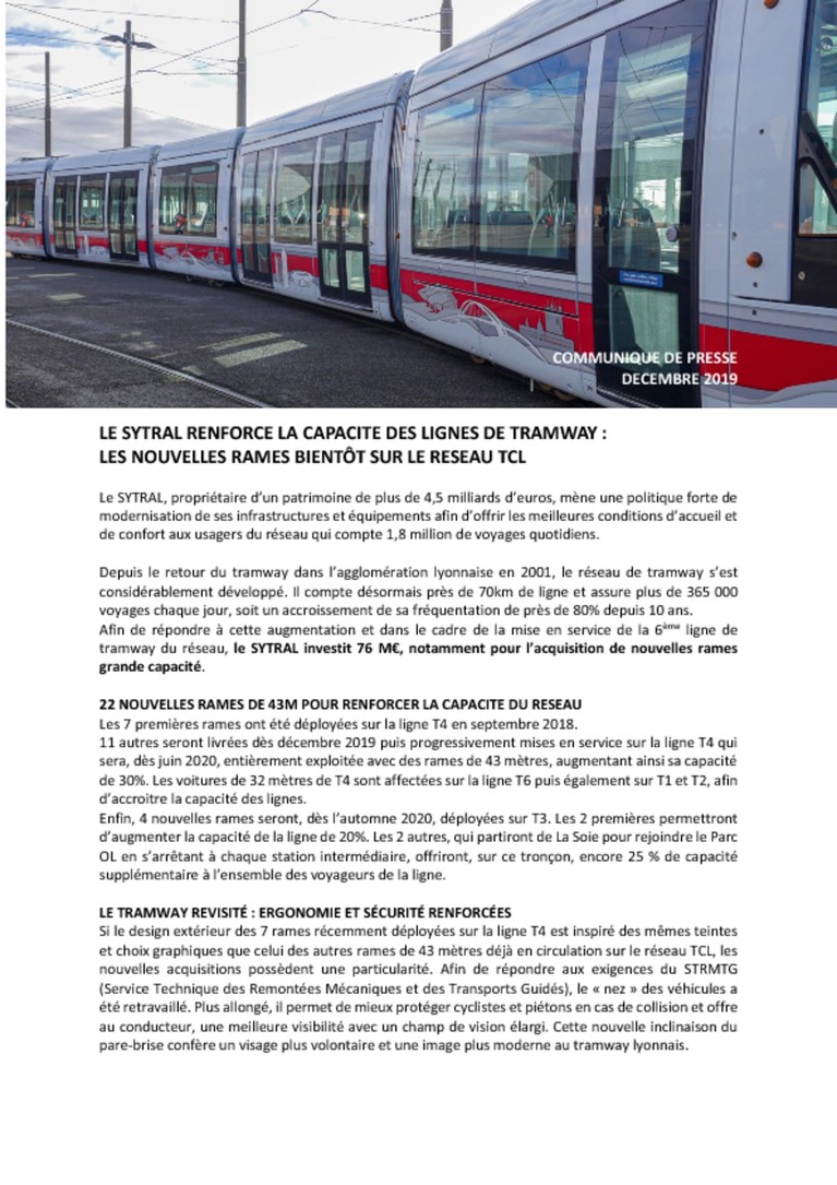 Le SYTRAL renforce la capacité des lignes de tramway : les nouvelles rames bientôt sur le réseau TCL