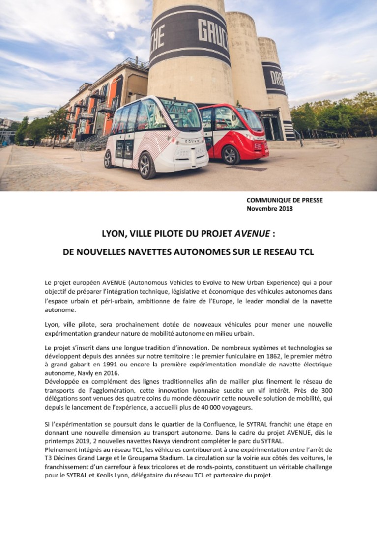 Lyon, ville pilote du projet AVENUE : de nouvelles navettes autonomes sur le réseau TCL