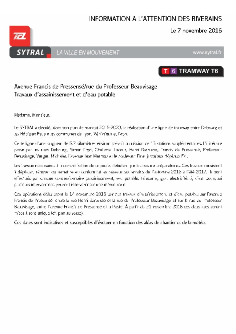 Courrier riverains T6 - av Pressensé / Prof. Beauvisage