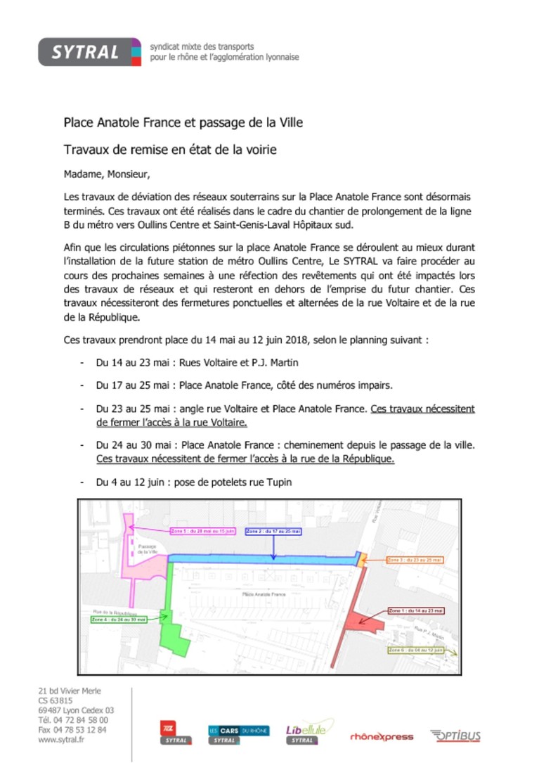 Courrier riverains - fermetures ponctuelles et alternées rues Voltaire et République à Oullins