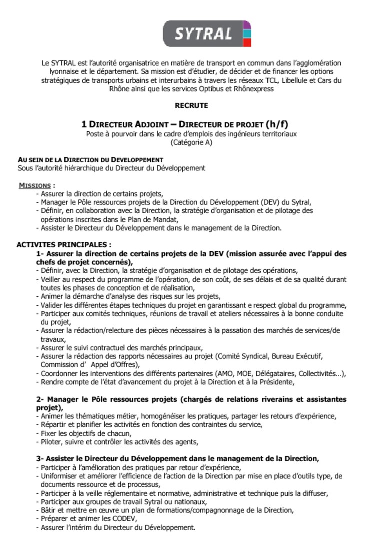 Annonce d'emploi - 1 DIRECTEUR ADJOINT – DIRECTEUR DE PROJET (h/f)