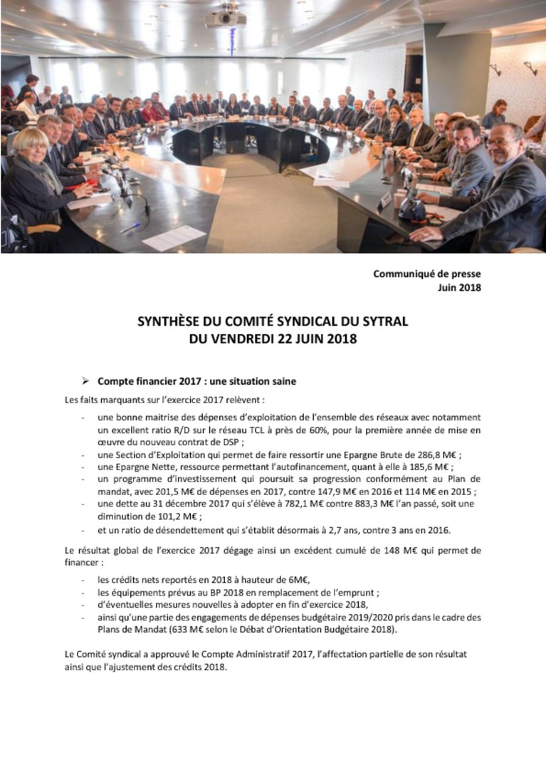 Synthèse du Comité syndical du SYTRAL du 22 juin 2018
