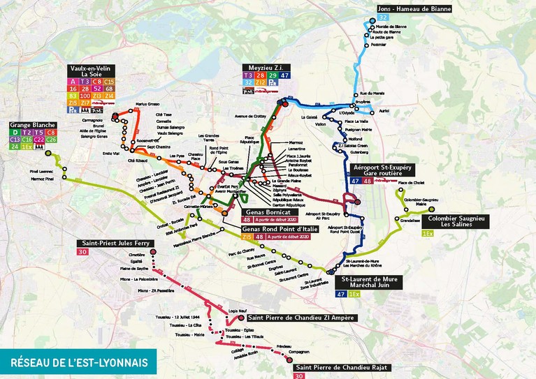 Carte  du réseau TCL sur l'Est-Lyonnais