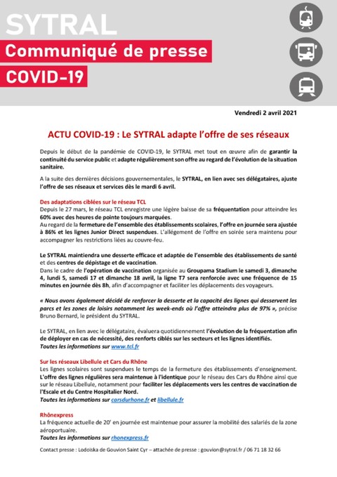 COVID 19 : le SYTRAL ajuste l’offre de ses réseaux et services dès le mardi 6 avril