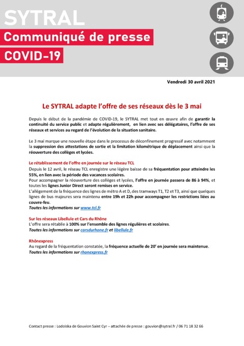 Le SYTRAL adapte l'offre de ses réseaux à partir du 3 mai