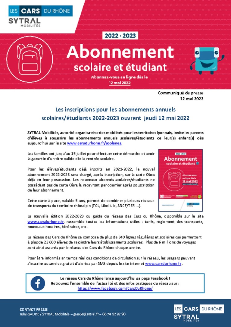 Abonnements annuels scolaires/étudiants Cars du Rhône 2022-2023