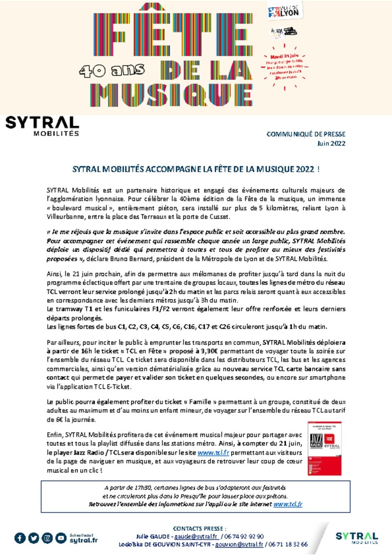 SYTRAL Mobilités accompagne la Fête de la Musique 2022 