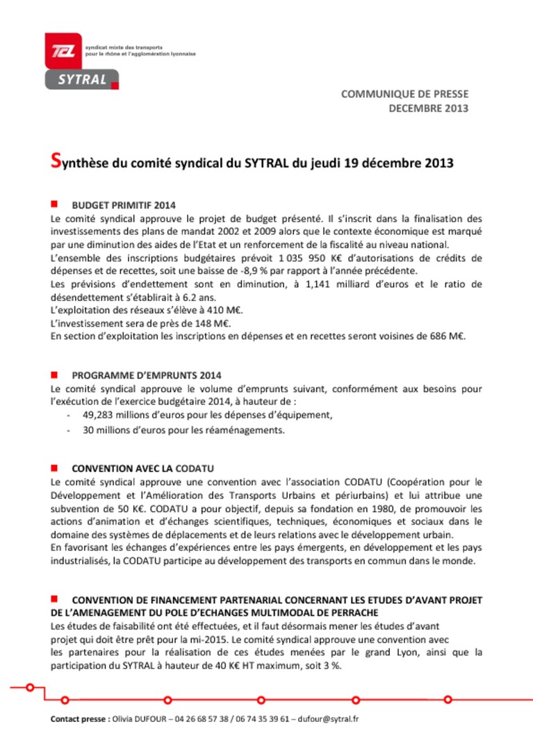 Synthèse du Comité syndical du 19 décembre 2013