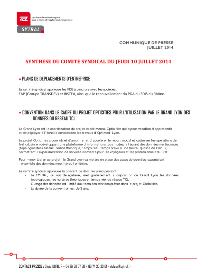 Synthèse du Comité syndical du 10 juillet 2014