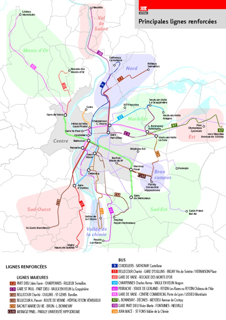 Carte des principales lignes renforcées du réseau TCL