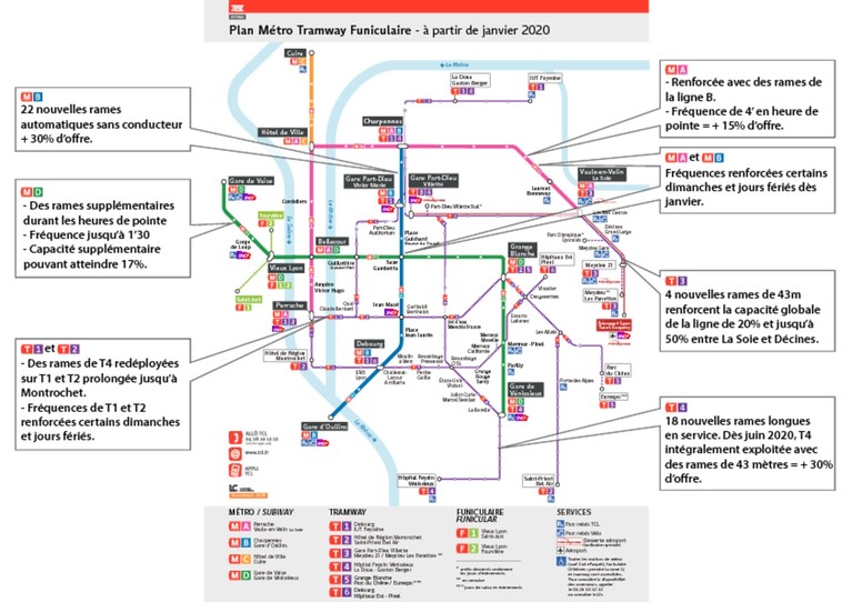 Carte des renforts des lignes de métro et tram