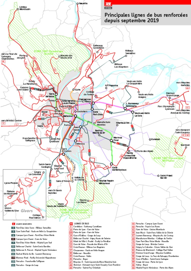 Carte des principales lignes de bus renforcées en 2019