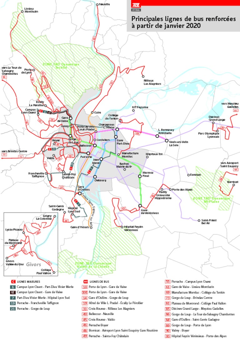 Carte des principales lignes de bus renforcées en 2020