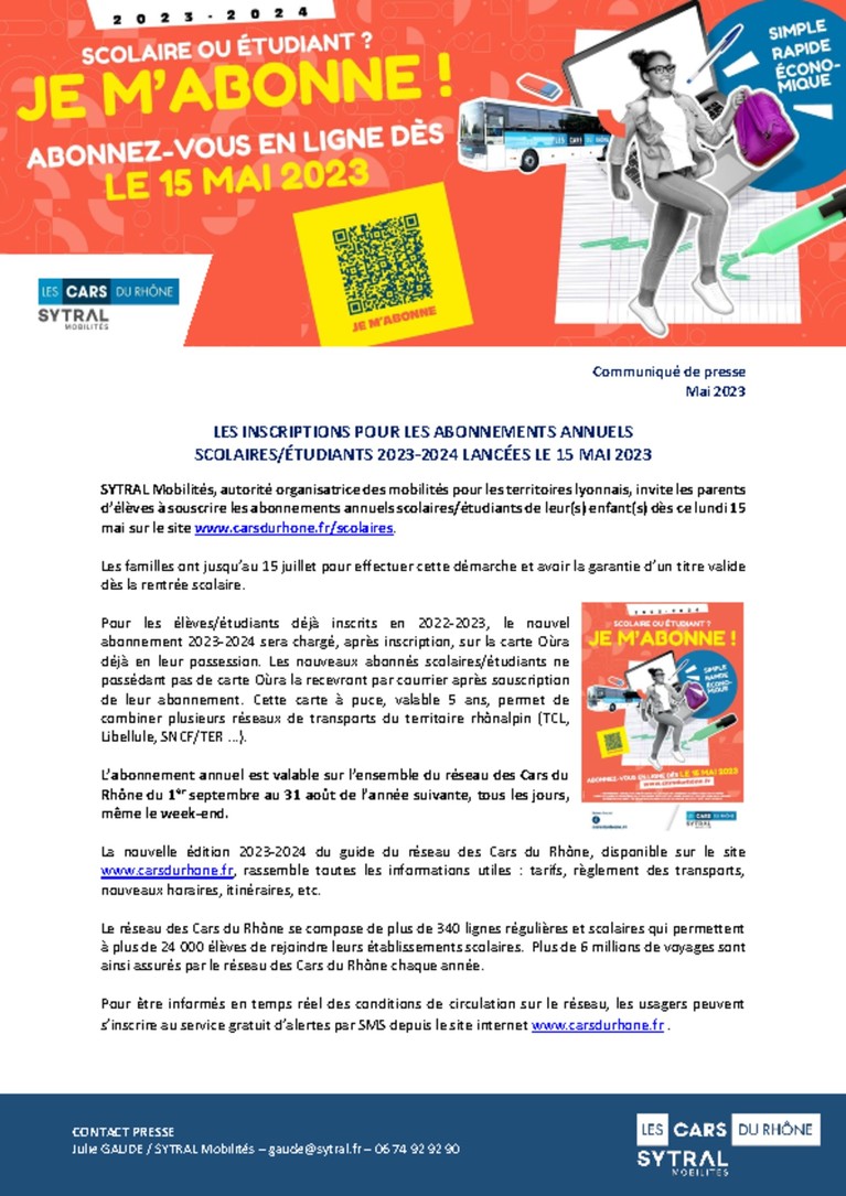 Ouverture des abonnements scolaires/étudiants au réseau des Cars du Rhône