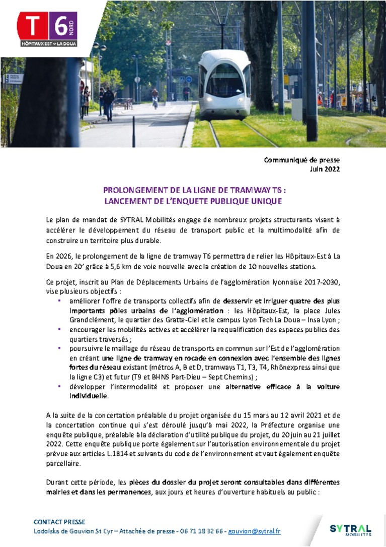 Prolongement de la ligne de tramway T6 : lancement de l'enquête publique unique